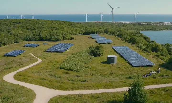 Paneles solares en tejados, turbinas eólicas en campos, árboles verdes con luces LED, contenedores de recicla<center><img data-lazyloaded=