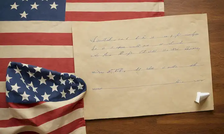 Estados Unidos se muestra orgullosamente junto con la bandera de América (con estrellas y rayas) que significa su larga historia de democracia. Para empezar