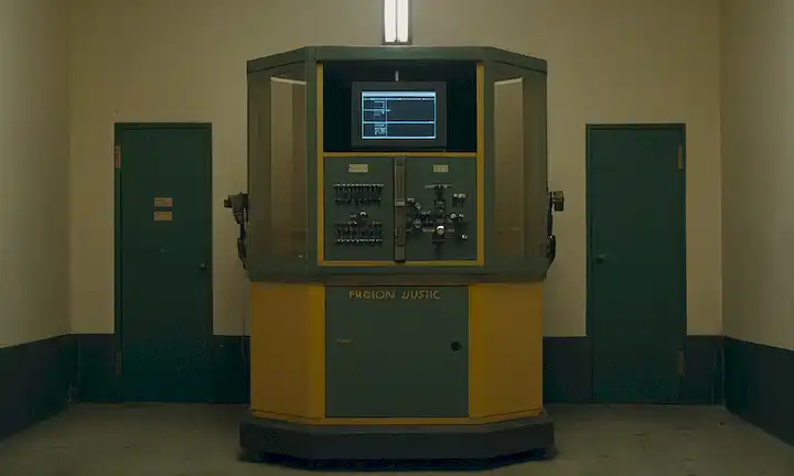 Una máquina mecánica, inflexible en el atuendo carcelario siendo controlada por el algoritmo ADX. El título implica un caso jurídico histórico relacionado con la justicia computacional y su evolución dentro de un entorno restrictivo.