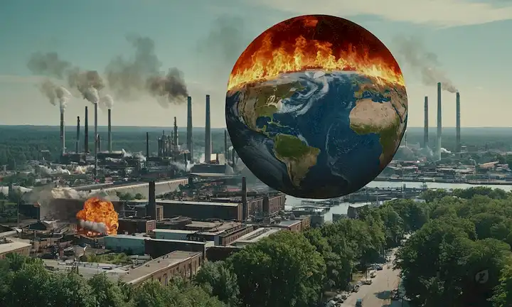 Paisaje urbano del siglo XX con pilas de humo, fábricas industriales y vehículos; Tierra desde el espacio con tapas polares de hielo fundido; mapa de calor mostrando temperaturas globales crecientes; gente en diferentes países protestando con señales y banners; un par de manos sosteniendo una pequeña bola azul representando al planeta Tierra; un reloj o calendario con una bandera de advertencia roja; un árbol o bosque siendo devastado por incendios salvajes