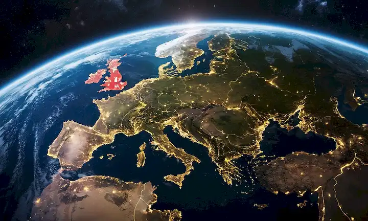 Una animación de satélites que orbitan la Tierra con banderas europeas y flujos de datos que rodean.