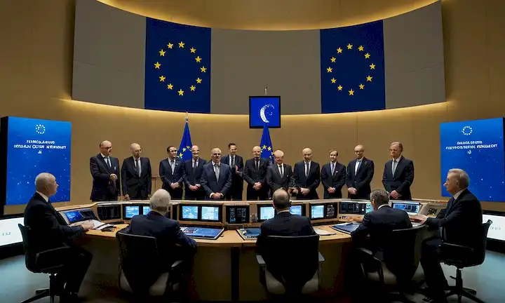 Funcionarios de la UE se reunieron alrededor de una consola satélite con banderas europeas, marcando el lanzamiento del proyecto Galileo.