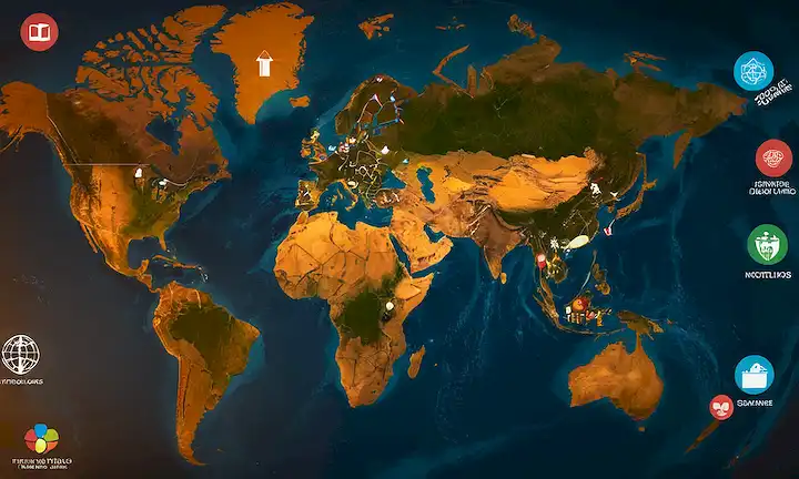 Mapa mundial con iconos animados que representan los objetivos de desarrollo sostenible.
