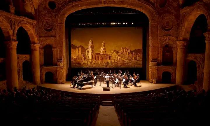 Las ondas sonoras proyectadas en una sala de conciertos, mostrando la aventura auditiva inspirada en el arte del sonido que evolucionaba en la ciudad de Belchite a principios del siglo XX (con posibles elementos míticos o folclóricos). En español.