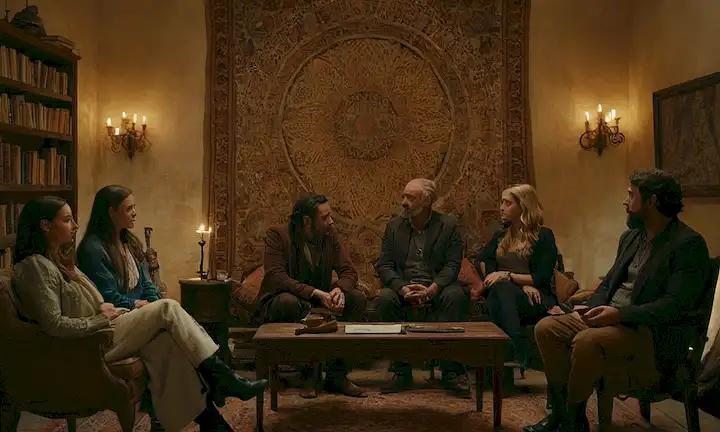 Un grupo de estudio discutió teorías y leyendas en una sala iluminada, con una tapicería de elementos místicos colgando en la pared detrás de ellos. El título de su librería se muestra en la parte superior de la pantalla: La Ciencia y el Misterio: ¿Existe una Explicación Racional? de Psicofonías en Belchite: Leyendas y Misteris del Pueblo Viejo.