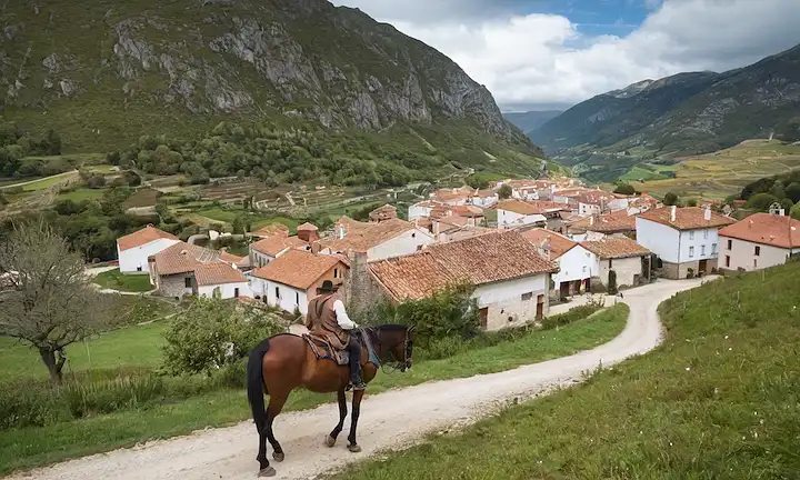 Hiker caminando por un paisaje montañoso pintoresco entre las casas tradicionales y la cultura local en España. La descripción es descriptiva del escenario
