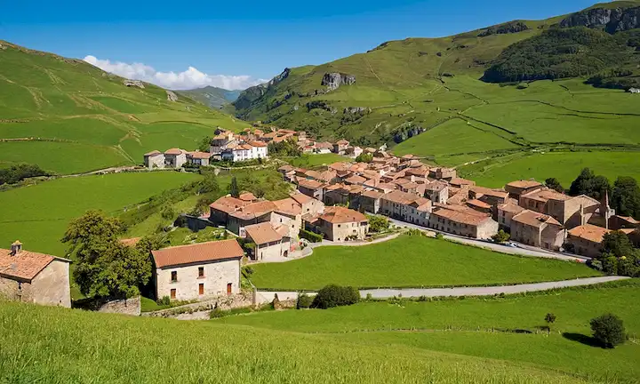 Una imagen de un tranquilo pueblo de montaña con cielos azules claros y colinas verdes en la región de Asturias de España. La leyenda sugiere que es la última ciudad virgen sin coches en este pintoresco paisaje.