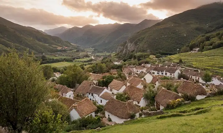 Una vista panorámica de una ciudad enclavada en las montañas con chimneypots y tejados a medida que el sol se pone en el fondo. El texto lee Conclusiones de Bulnes, Asturias: El Último Pueblo sin Coches en un Paraíso de Montaña que se traduce en Conclusiones de Bulnes, Asturia: El Último Pueblo Sin Coches En Un Paraíso De Las Montañas.