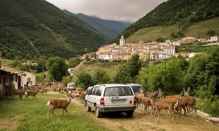 Paisaje montañoso con ciervos de cola blanca y aldeanos que recorren sus vidas cotidianas en medio de la existencia libre de vehículos en un pintoresco pueblo, situado en un fondo abstracto. Esto podría interpretarse como que implica el encanto y la tranquilidad de tales ciudades, que a pesar de mantener las formas y valores tradicionales, han logrado adaptarse y prosperar sin coches. La ciudad de El Encanto en Asturias, España se menciona como un ejemplo principal donde este concepto es verdadero. Nota: La descripción proporcionada necesita más estructura/formato para adaptarse mejor al estilo del texto original (El Último Pueblo sin Coches en un Paraíso de Montaña), pero abarca la idea principal (pueblos sin coches).