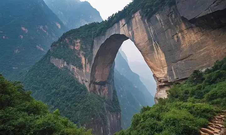 El emblemático arco Tiger Leaping Gorge en las montañas Taihang, China, con valles defectuosos y exuberante vegetación.