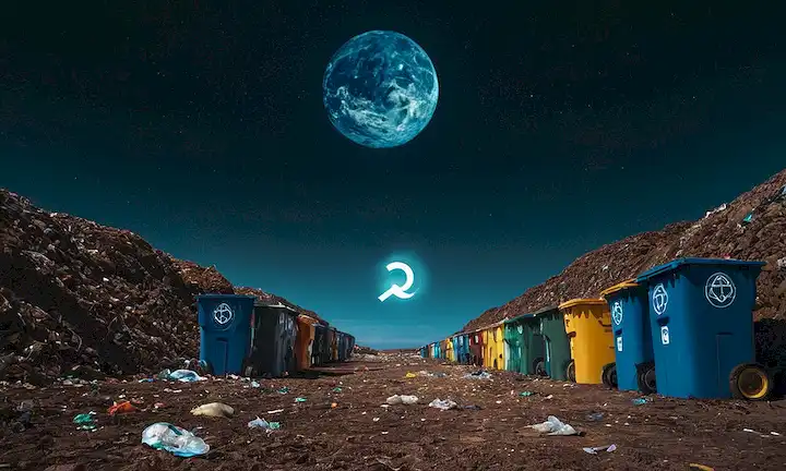 Los riesgos de la basura espacial orbital de Point Nemo: El centro de reciclaje espacial con una ilustración surrealista de un símbolo de reciclaje sin fin.