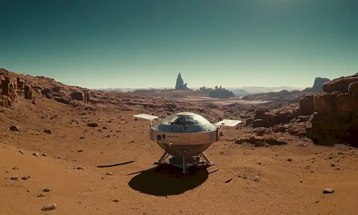 Spacecraft navegando a Point Nemo con información científica detallada sobre el vacío global, como se ve a través de una lente de ciencia ficción.