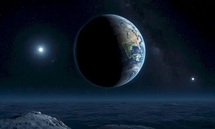 Nave en el mar, con Punto Nemo, un famoso cuerpo celeste que se cree inalcanzable debido a su aparente ausencia cerca del Polo Sur. El visual también incluye la Tierra, mostrando nuestra ubicación en el espacio entre otros cuerpos celestes.