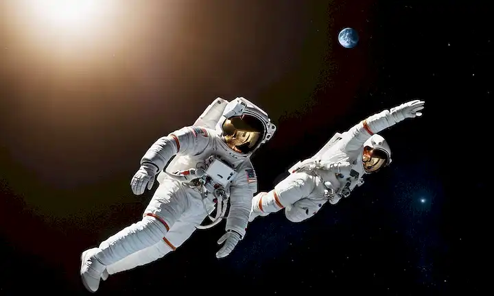 Traje espacial con astronauta flotando hacia la distancia junto con su compañero celestial. (En términos más sencillos, describiendo una odisea espacial entre dos personajes.)