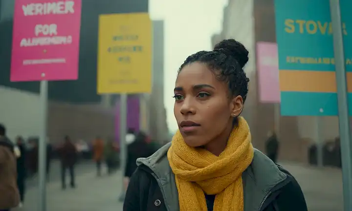 Una persona frente a un paisaje urbano con diversas identidades de género mostradas en carteles o banners detrás de ellos.