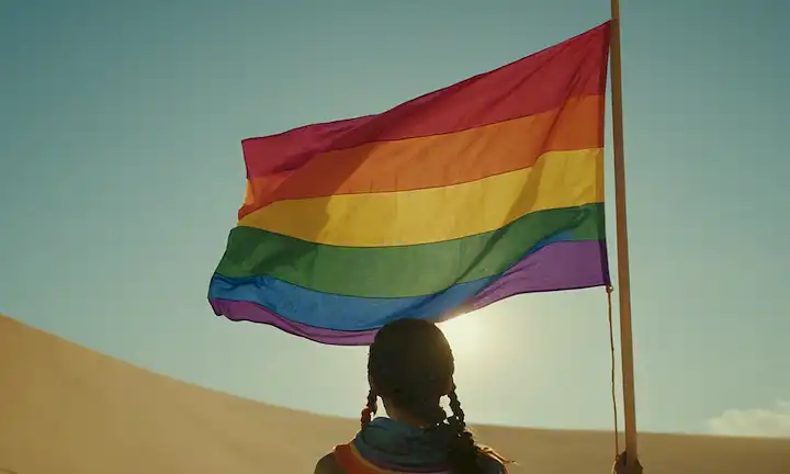 Una persona mirando una bandera arco iris con símbolos de diversidad, representando interseccionalidad y activismo de género.