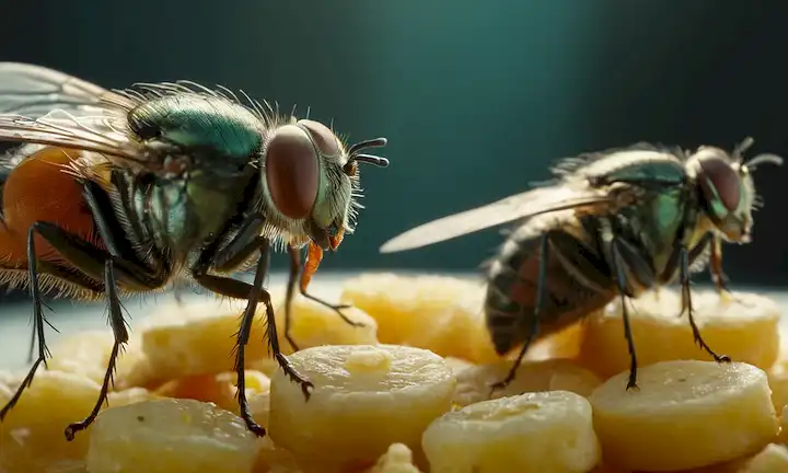Un grupo de moscas alrededor de la comida con vectores de enfermedades y implicaciones de salud visualizadas en el fondo.