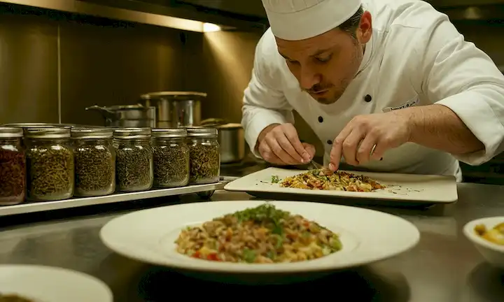Un chef revisa cuidadosamente la comida para moscas cerca de los utensilios en una cocina.
