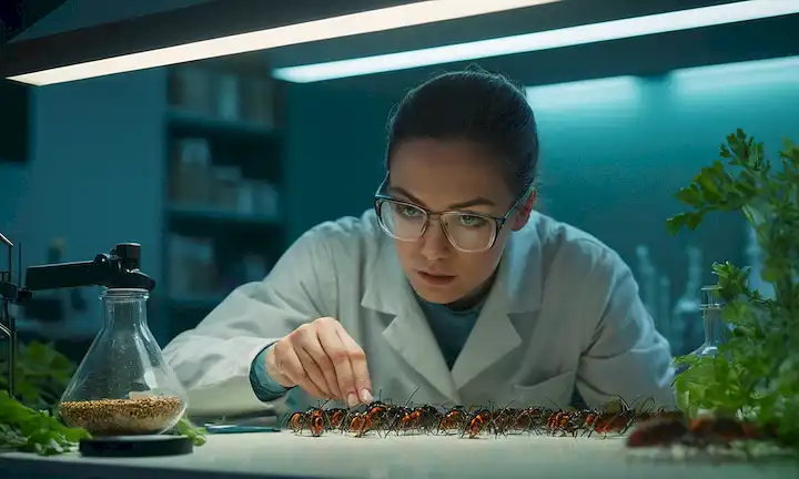 Investigador científico en un laboratorio que examina bichos y alimentos mientras examina los datos.