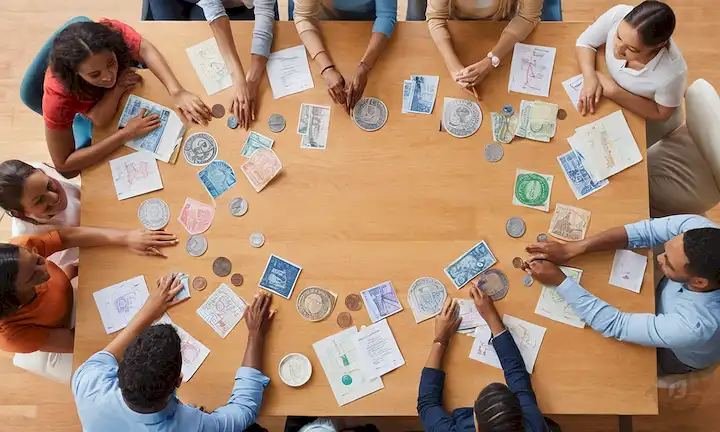 Personas de grupo diverso, manos de mano, formando un círculo, representando unidad, cooperación y objetivos compartidos; símbolos financieros, como monedas o facturas, integrados en el diseño para enfatizar la inclusión; ilustraciones de diferentes profesiones, pasatiempos o intereses, que significan diversos antecedentes y talentos; iconos estilizados de hogares, escuelas y comunidades, indicando desarrollo social y económico