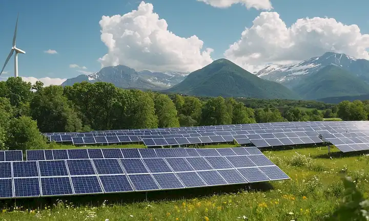 Edificios 3D, vegetación, paneles solares, turbinas de viento, gotas de agua, hojas, flores, árboles, cielo azul, nubes blancas, montañas, tonos terrenales