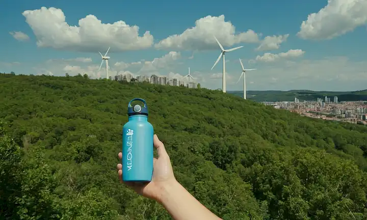 Bosques verdes con fauna diversa, paneles solares en tejados, símbolos de reciclaje, un cielo azul con nubes blancas, un paisaje urbano con vegetación, una persona que sostiene una botella de agua reutilizable, una turbina de viento girando en movimiento