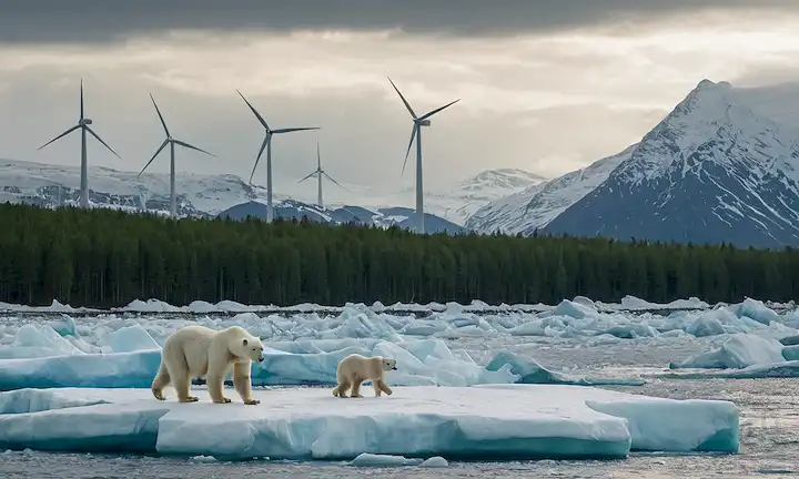 Una imagen de un termómetro en ascenso, glaciares de fusión, osos polares sobre icebergs de fusión, árboles verdes con anillos de crecimiento, paisajes urbanos con nubes de contaminación, turbinas de viento girando, paneles solares bril<center><img data-lazyloaded=