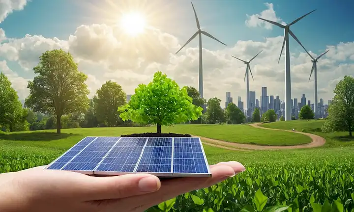 hojas verdes 3D, manos con paneles solares, turbinas eólicas en un cielo azul, símbolo de reciclaje, mujer con botes de agua, gente en bicicleta, plantación de árboles, paisaje urbano con espacios verdes, rayos solares y nubes