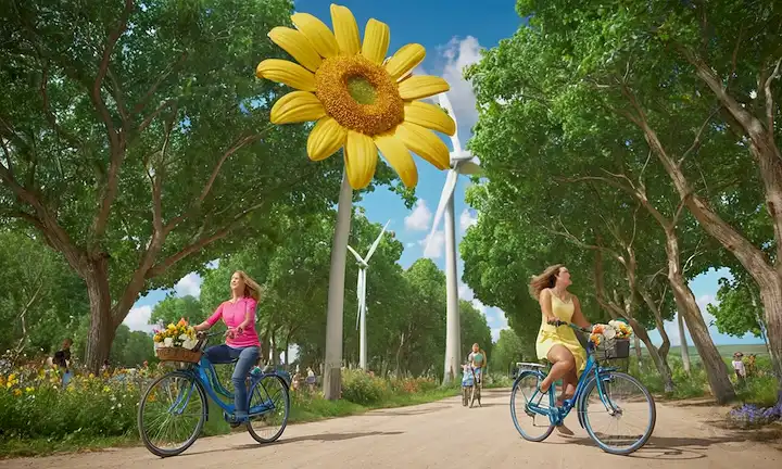 Tierra 3D, árboles verdes, paneles solares, símbolos de reciclaje, gente caminando, bicicletas, turbinas de viento, cielo azul, caras sonrientes, manos sosteniendo flores, engranajes interconectados, chispas