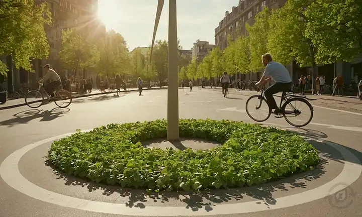 Árboles verdes que crecen de hormigón urbano, bicicletas y gente caminando en armonía, turbinas eólicas girando, sol brillando, manos sujetando globos terrestres, hojas brotando de grietas de pavimento, círculos interconectados representando la unidad