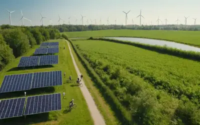 Paisaje lleno de vegetación con paneles solares