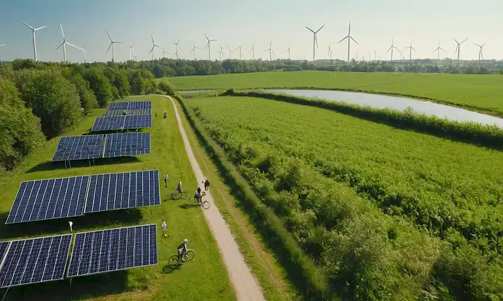 Paisaje lleno de vegetación con paneles solares