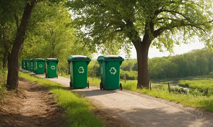 Paisaje verde, turbinas eólicas, paneles solares, contenedores de reciclaje, plantación de árboles, personas que sostienen las manos, conservación de agua, reserva natural, energía renovable, desarrollo sostenible, planeta Tierra azul