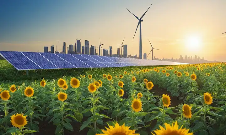 4 personas de diferentes industrias, plantas verdes creciendo, paneles solares, turbinas eólicas, un paisaje urbano con edificios ecológicos, y un sol que simboliza el crecimiento, todo en un fondo azul brillante