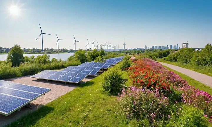 Un paisaje con un cielo azul, vegetación y un paisaje urbano a la distancia, paneles solares en tejados, turbinas de viento girando, gente caminando o ciclismo, parques con flores y árboles florecientes, un lago o río con un barco, iconos de desarrollo sostenible como símbolos de reciclaje, o productos ecológicos, colores vibrantes y un sol brillante
