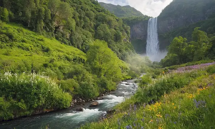 bosque sereno, montañas malvadas, rutas de senderismo, vegetación exuberante, pastoreo de vida silvestre, luz solar filtrando a través de árboles, río tranquilo fluyendo, cascadas majestuosas, flores silvestres vibrantes, vistas panorámicas