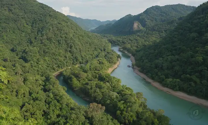 Paisaje forestal con árboles variados, río serpentín y vegetación exuberante, con una variedad de fauna como aves, mariposas y monos, posiblemente con algunas actividades turísticas como senderismo o kayak en el fondo, mostrando belleza natural y convivencia humana