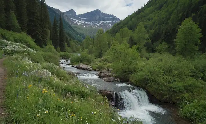Bosques verdes, montañas y ríos, fauna serena, valles de mal gusto, lagos tranquilos, exuberantes canopies, vibrantes flores silvestres, majestuosas cascadas, prados iluminados por el sol, cabañas rústicas, caminos aislados
