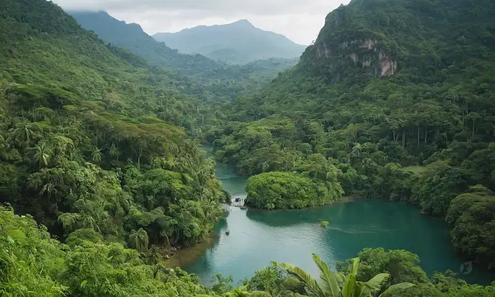 Paisaje forestal con fauna diversa, como aves y monos, entre vegetación exuberante, cascadas serenas y reflejos de lagos tranquilos, con una cordillera distante, destacando la conservación y el desarrollo sostenible en los espacios naturales
