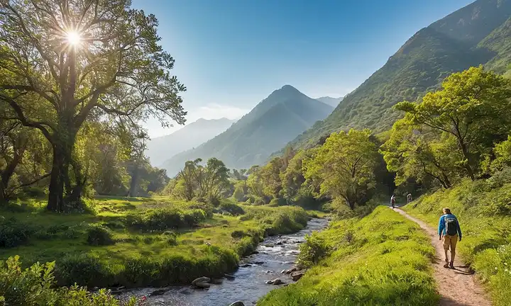 Un paisaje sereno con vegetación exuberante, montañas en el fondo, un arroyo serpenteante corriendo a través de ella, vida silvestre como aves o mariposas en vuelo, árboles con hojas coloridas, un soleado cielo azul arriba, un ambiente sutil de misty que rodea la escena, un vistazo de la actividad humana como excursionistas o golfos de picnic en la distancia