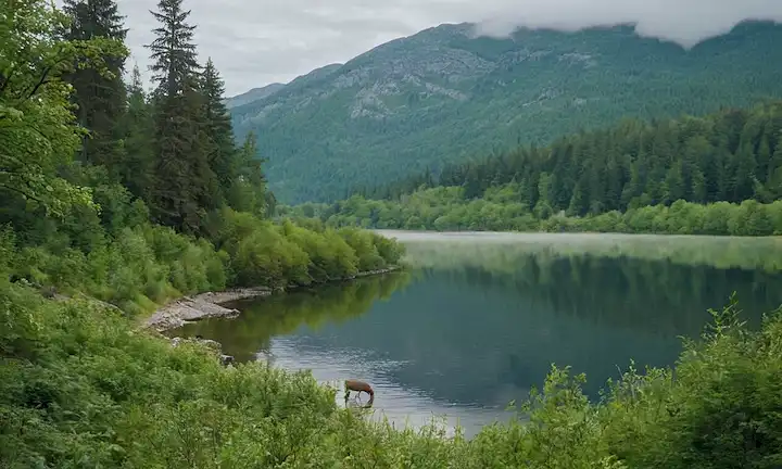 Paisaje salvaje con exuberante bosque verde, lago tranquilo y montañas de mal gusto, con diversidad de fauna como aves, ciervos y peces, en medio de un entorno natural sereno con mínima huella humana