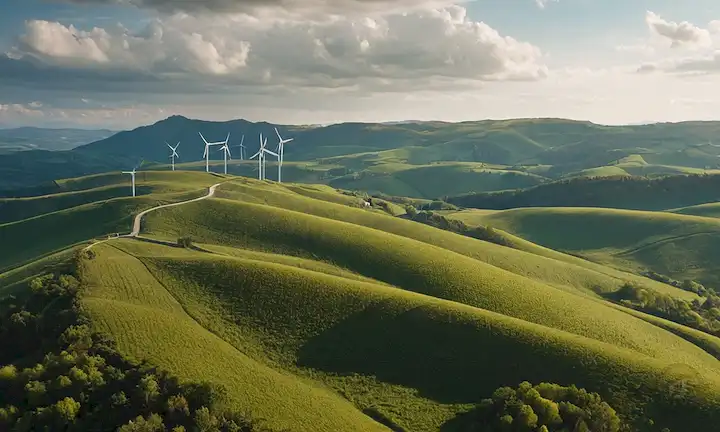 Turbinas eólicas, paisaje, naturaleza, vegetación, colinas, sol, cielo azul, nubes, generación de energía, energía limpia, sostenibilidad, ecológica, fuente renovable, recursos naturales, escenario futurista, avance tecnológico, tecnología innovadora, producción ecológica, futuro sostenible