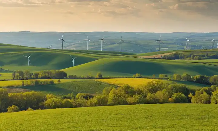 Turbinas eólicas de pie en un cielo azul brillante, nubes desviadas por, vasto paisaje abierto con colinas onduladas o tierras agrícolas, posiblemente algunos árboles dispersos alrededor, escena serena e idílica, tal vez algunas aves volando sobre la cabeza, sol brillando, sombras sutiles, sin distracciones del foco en las turbinas eólicas