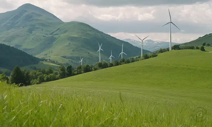turbinas eólicas girando lentamente en un prado soleado con exuberante césped verde, rodeado de montañas o colinas en el fondo, tal vez algunas aves volando sobre la cabeza, sin líneas de poder a la vista