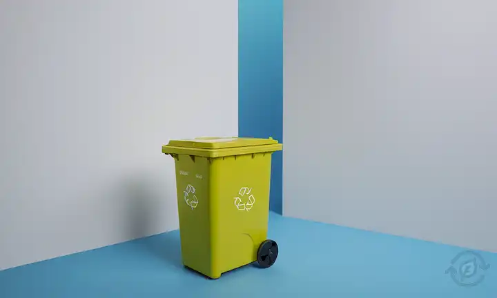Papelera 3D, materiales reciclables, clasificadoras, tierra verde, conceptos de gestión de residuos, prácticas ecológicas, símbolos de reciclaje, artículos de hogar, ambiente limpio, diseño minimalista, fondo azul, acentos blancos