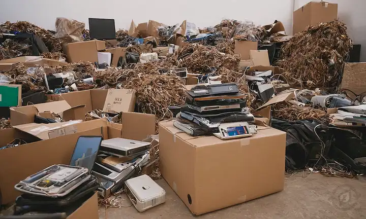 Desechos electrónicos, teléfonos inteligentes antiguos, portátiles y tabletas, apilados con hafazardly, en medio de un trasfondo de materiales reciclados, como cajas de cartón, contenedores plásticos y alambres de cobre, con toques de maquinaria industrial y configuración de fábrica, transportando un sentido de impacto tecnológico en el medio ambiente y la importancia del reciclaje adecuado