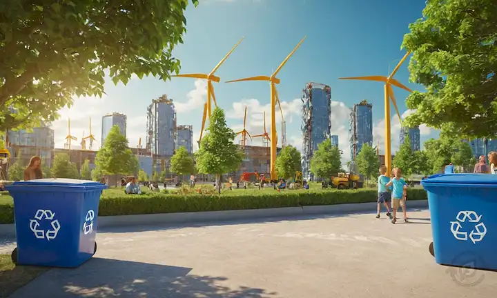 globo 3D, contenedores de reciclaje, árboles verdes, cielos azules, paneles solares, turbinas de viento, juegos de niños felices, paisaje urbano con grúas y construcción en el fondo, símbolos de reciclaje, círculos interconectados