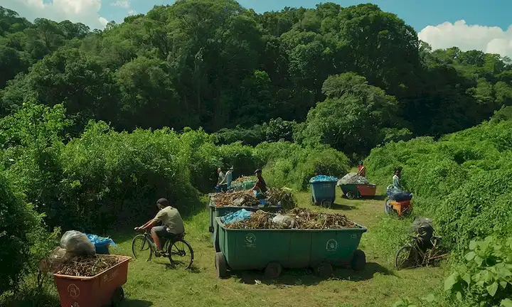 Un entorno natural con ciclos interconectados, símbolos de reciclaje y figuras humanas que clasifican activamente los residuos, rodeado de exuberante vegetación, árboles y cielos azules con algunas nubes