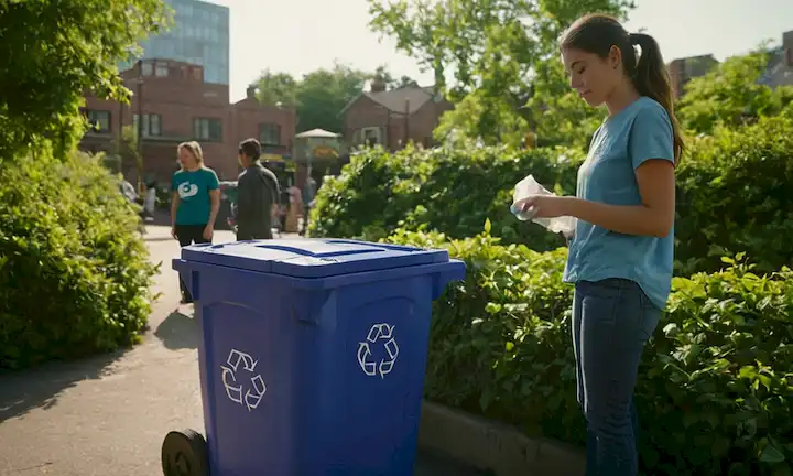 Una persona que clasifica reciclables de residuos en un contenedor de reciclaje