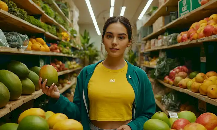 Una persona que tiene un mango y rodeado de conceptos ecológicos, artículos de ropa y logotipos de tienda de descuentos.